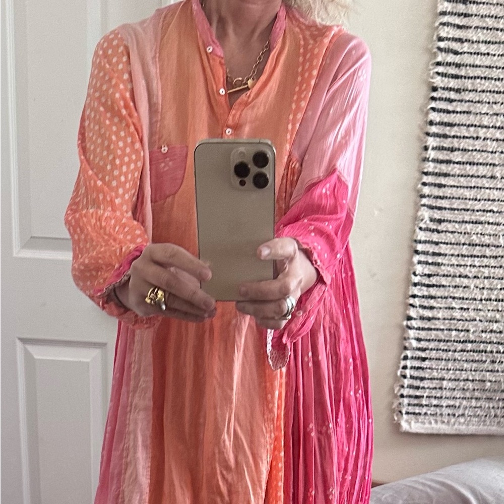 Women’s Midi Patchwork Pink & Orange Dress Silk Oversized Inner Pockets